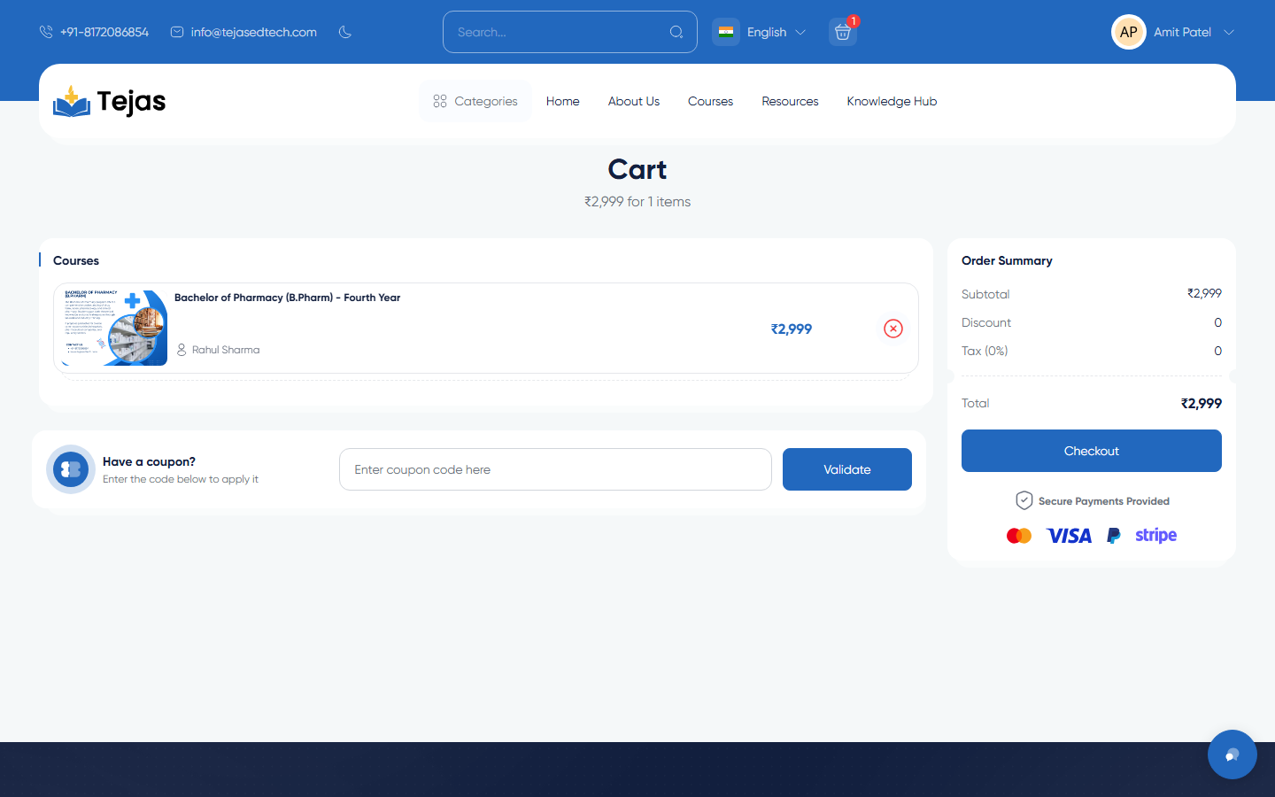 Cart page with coupon box and order summary