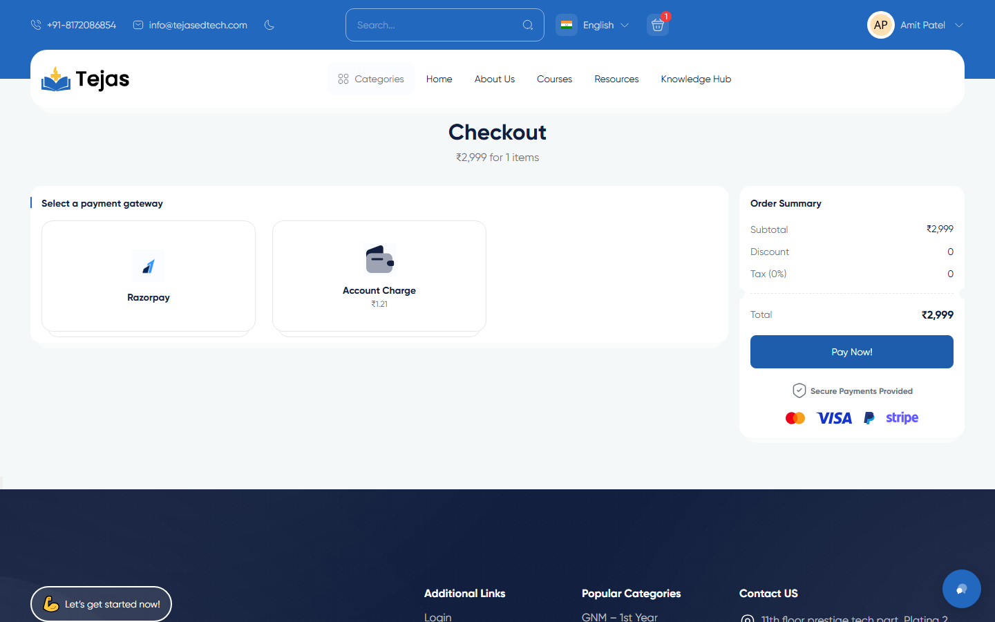 Checkout page with payment gateway selection