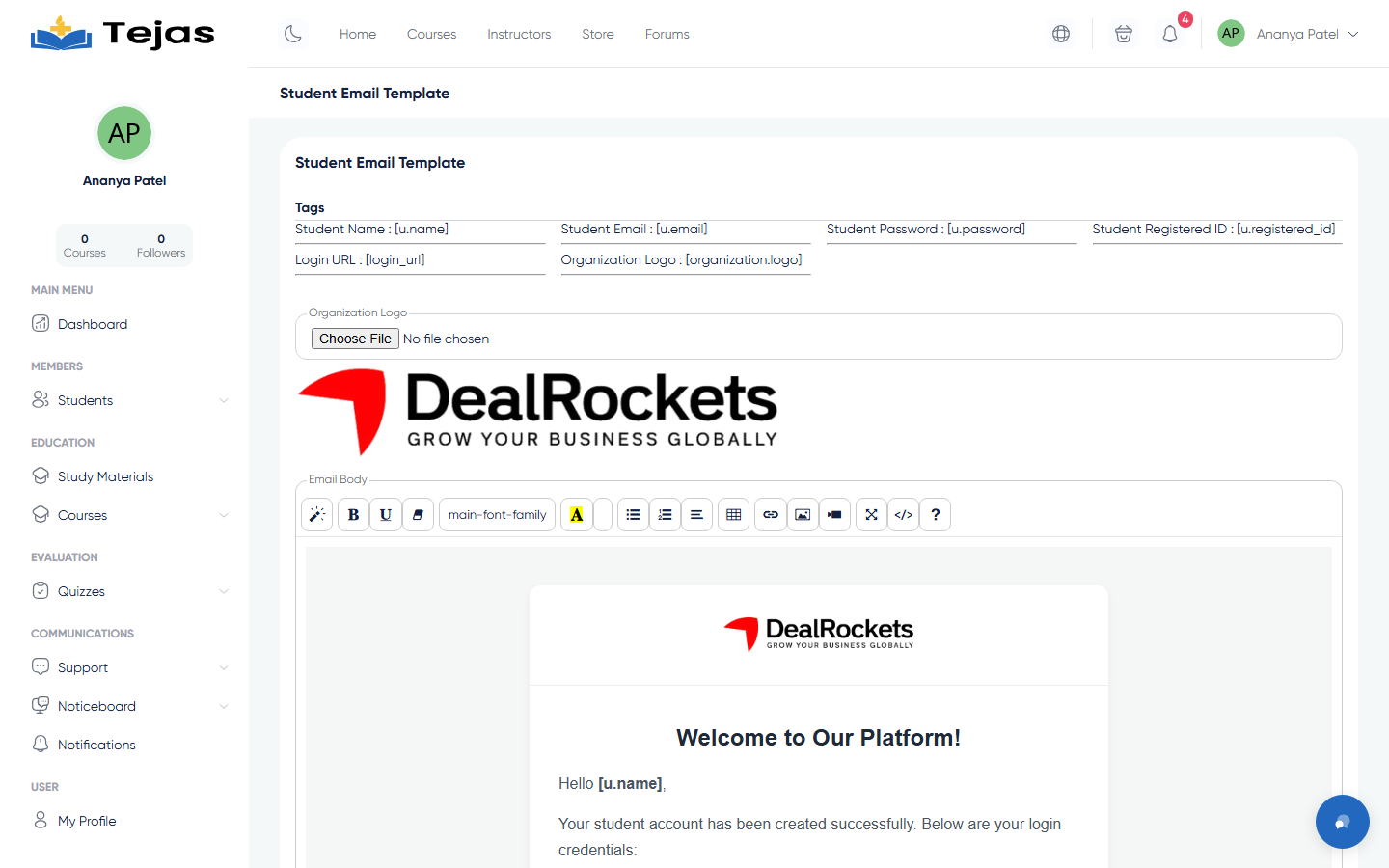 Student email template editor