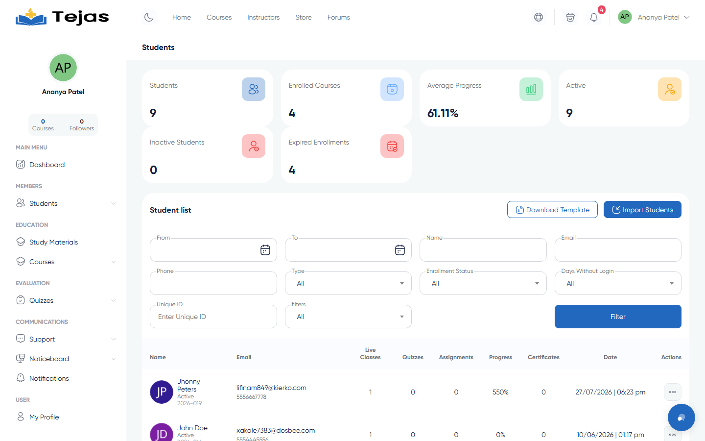 Students list with Download Template and Import Students buttons