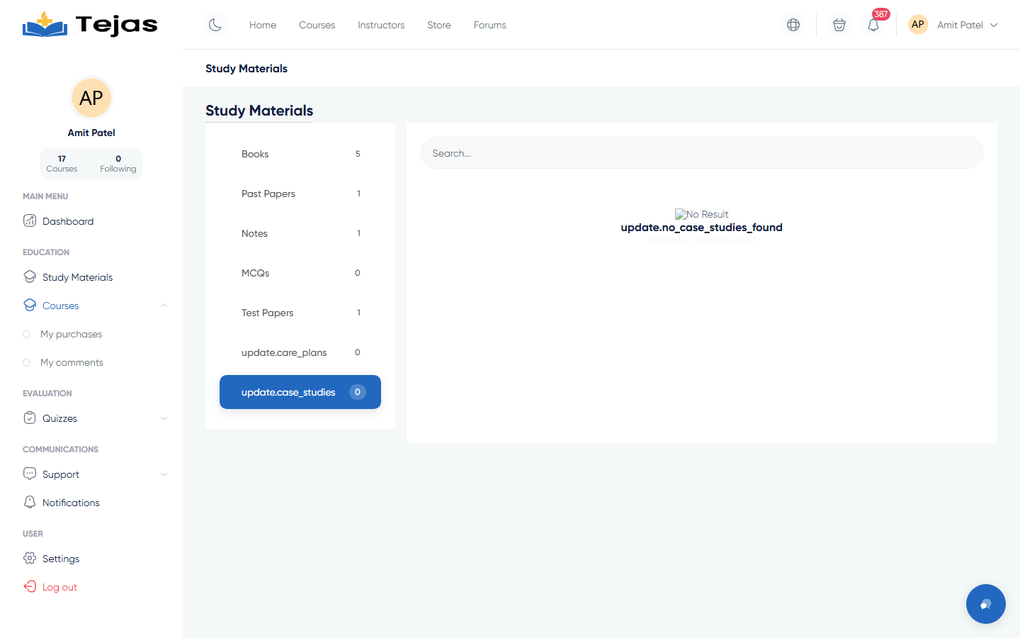 Case studies tab in the student panel