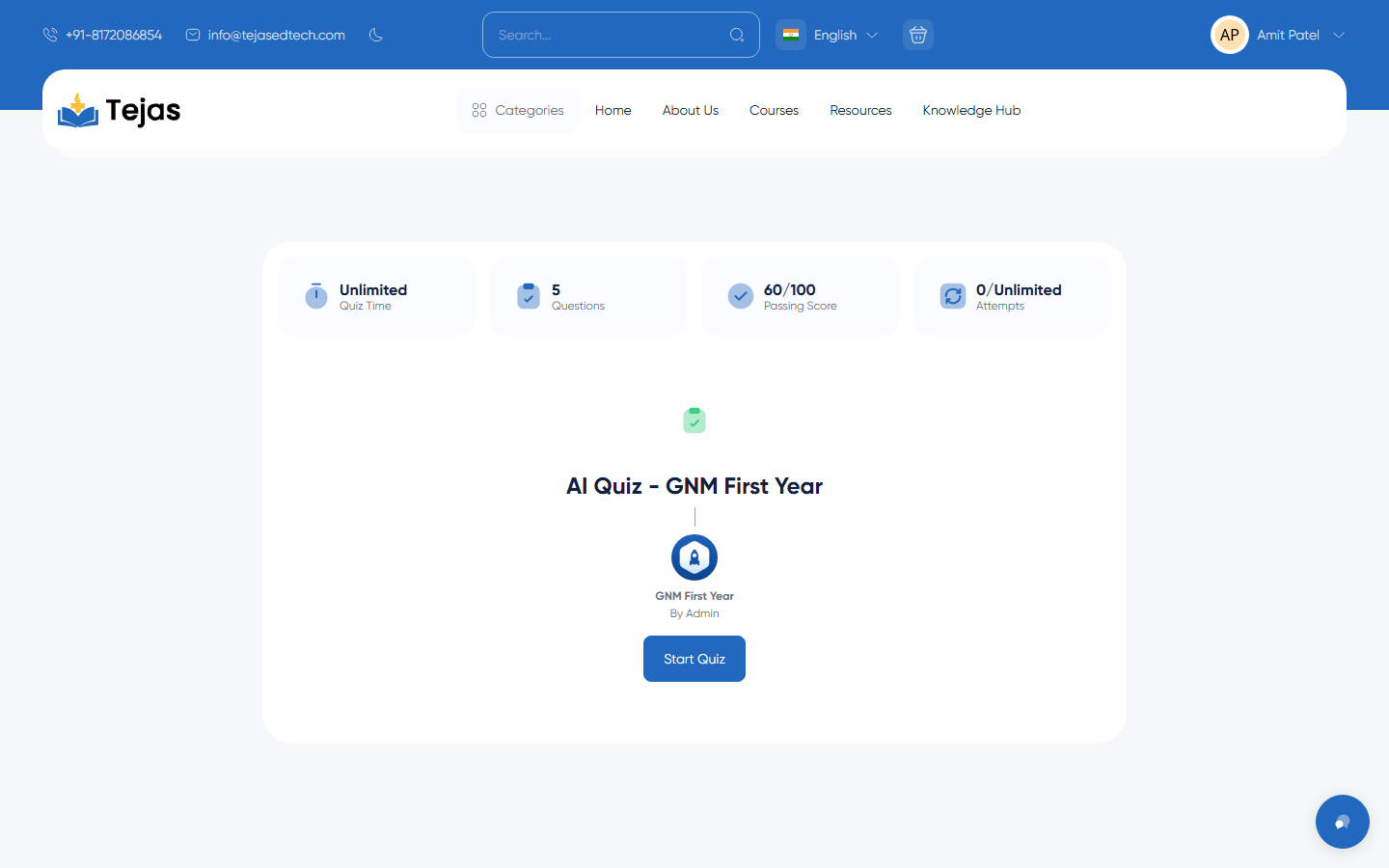 Quiz overview with Start Quiz button