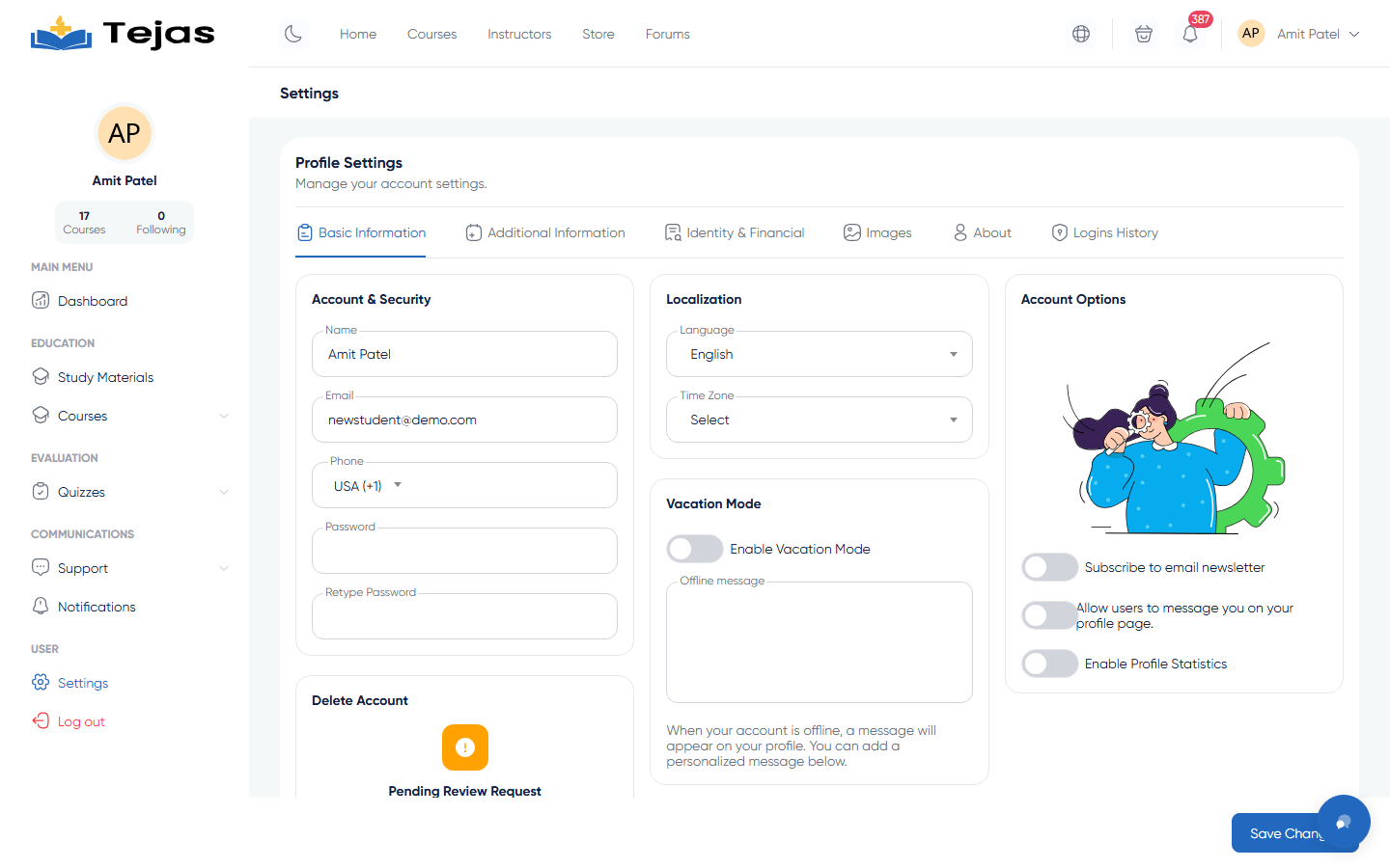 Account settings page