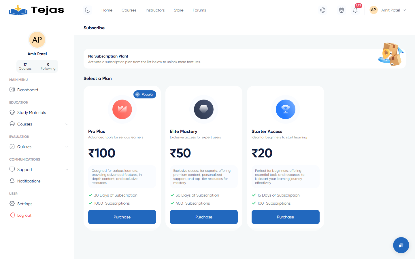 Subscription plans page