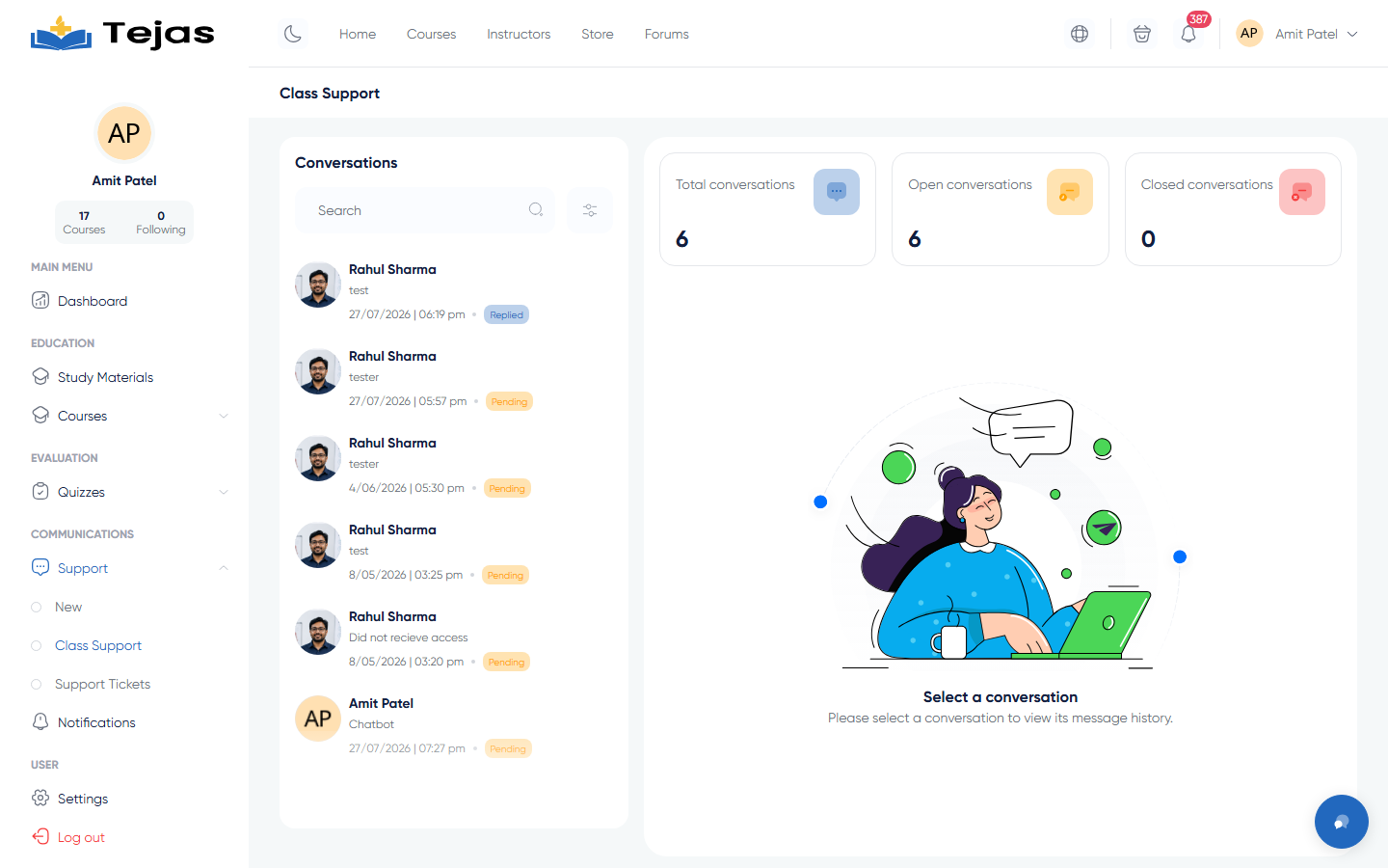 Class support conversations list